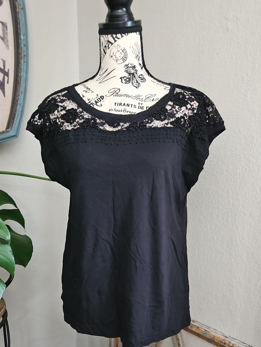 Andrea Jovine Black Lace Yoke Cap Sleeve Top